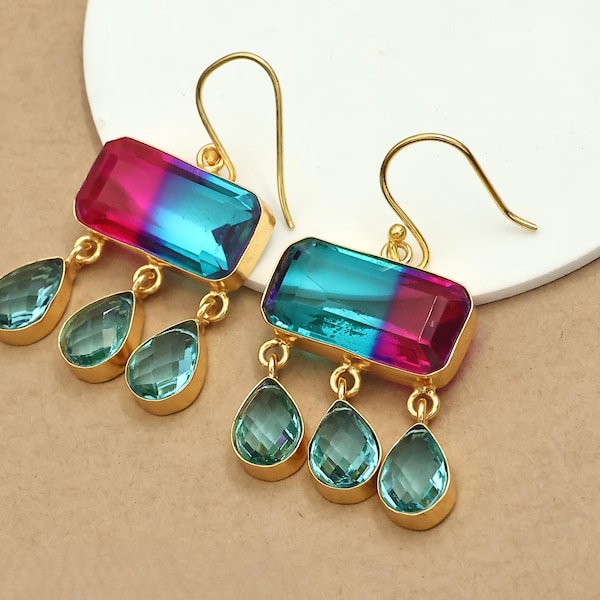 Gold Plated Tourmaline Drop Earrings – Multicolor Gemstone Statement Jewelry