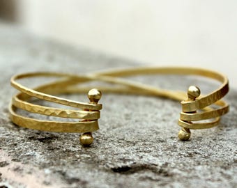 Artisan Hammered Gold Cuff Bracelet - Multi-Strand Open Bangle - Bohemian Gold Tone Arm Cuff - Unique Statement Jewelry - Gift for Her