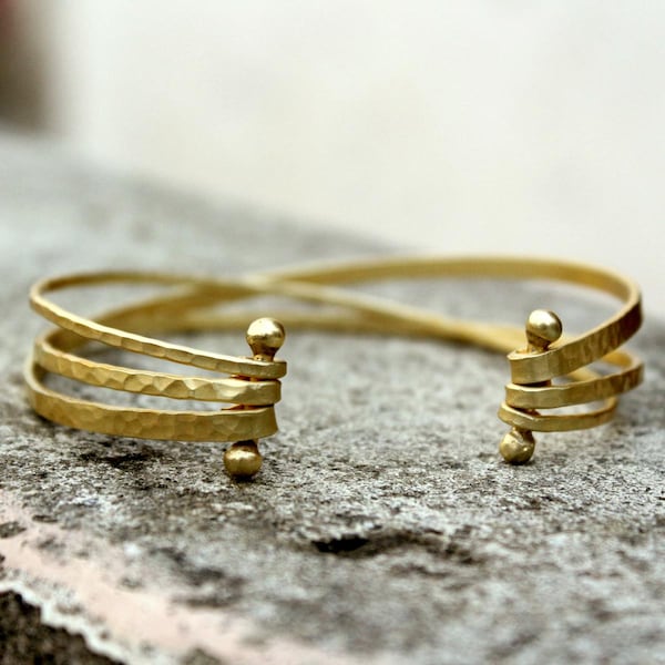Artisan Hammered Gold Cuff Bracelet - Multi-Strand Open Bangle - Bohemian Gold Tone Arm Cuff - Unique Statement Jewelry - Gift for Her
