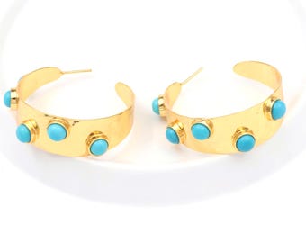 Pendientes de aro con cabujones de turquesa, elegantes, chapados en oro de 18 quilates, estilo boho chic, hechos a mano, el regalo perfecto para ella.