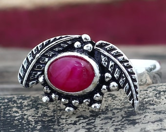 Boho Silver Ring with Ruby Gemstone – Vintage Leaf Design Statement Jewelry - Gift for her