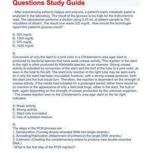 May include: A study guide titled "MLT ASCP Practice Board Test Questions." The text includes questions and answers related to medical laboratory technology, covering topics like glucose results, bacterial activity, and PCR processes.