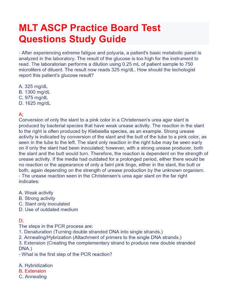 MLT ASCP Board Study Guide Questions and Answers Etsy