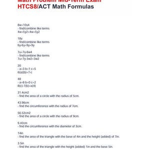 May include: A white page with the title "Math Problem Mid-Term Exam HTCS8/ACT Math Formulas" at the top. The page contains mathematical formulas and equations, including area and circumference calculations, with measurements in inches and centimeters.