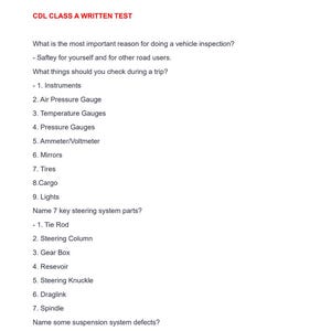 Op de afbeelding: Een zwart-wit document met de tekst "CDL CLASS A WRITTEN TEST" bovenaan. Het document bevat vragen over voertuiginspecties, stuursysteemonderdelen en ophangingssysteemdefecten.