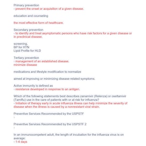 Könnte beinhalten: Ein Dokument, das die verschiedenen Ebenen der Prävention im Gesundheitswesen beschreibt, darunter Primär-, Sekundär- und Tertiärprävention. Das Dokument behandelt auch die aktive Immunität und die Verwendung von Zanamivir oder Oseltamivir bei Influenza.