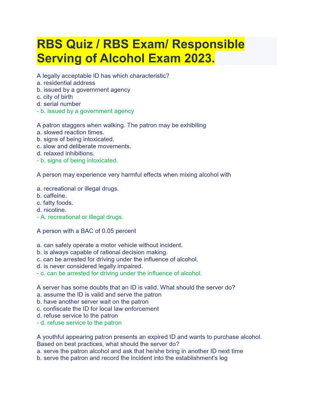 RBS Quiz / RBS Exam/ Responsible Serving of Alcohol Exam 2023. Etsy