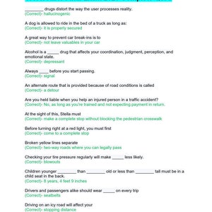 May include: A document titled "CA Aceable Final Exam 2023 Complete Q&A" with multiple choice questions and answers related to driving safety. The text is in black and green, covering topics like road signs, and vehicle safety.