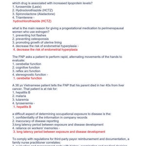 May include: A multiple-choice quiz with questions about medical conditions and treatments. The quiz is designed for a certified nurse practitioner (FNP) exam.