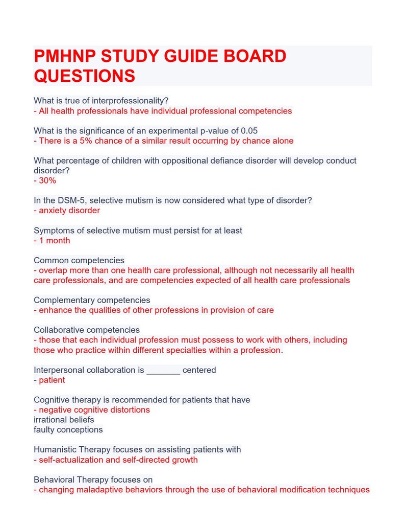 May include: A study guide board with the title "PMHNP Study Guide Board Questions". The board lists questions and answers related to interprofessionalism, selective mutism, and different types of therapy.