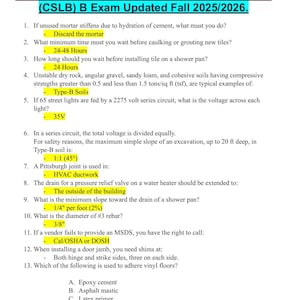 Peut inclure: Un examen à choix multiples pour les entrepreneurs en Californie. L'examen couvre des sujets tels que le mortier, la pose de carreaux, les types de sols, les circuits électriques et la plomberie. L'examen est mis à jour pour l'automne 2025/2026.