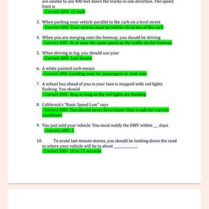 May include: A California DMV Driver's Permit Test document with questions and answers. The title "California DMV Driver's Permit Test" is in yellow. The document includes questions about traffic laws and driving safety.