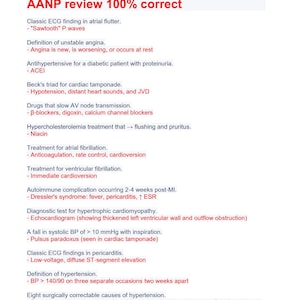 May include: A white paper with medical notes. The title "AANP review 100% correct" is in red. The text contains medical terminology and definitions, covering topics in cardiology and internal medicine.