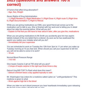 May include: A black and white text document with the title "Certified Medication Aide Practice Exam 2023 (questions and answers 100% correct)". The document contains multiple choice questions and answers related to medication administration and patient care.