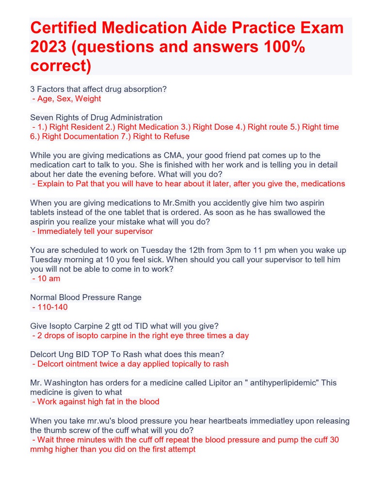 Certified Medication Aide Practice 2023 Updated Etsy