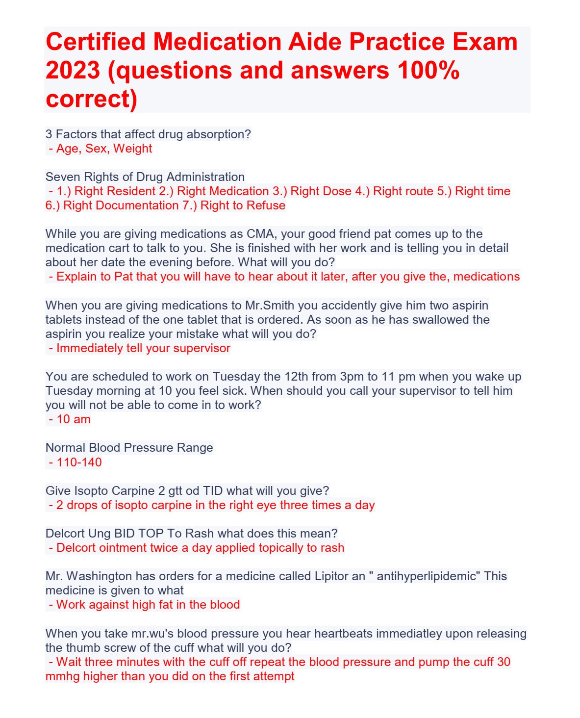 Certified Medication Aide Practice 2023 Updated Etsy