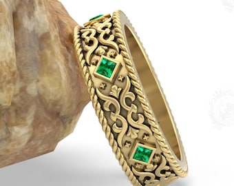 Vintage Filigree Band For Men 14k Gold Wedding Band For Men Celtic Design Band Emerald Gemstone Band For Men Statement Band Gift For Him