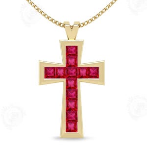 14k roségouden robijnketting voor heren statementhanger Unieke roze edelsteenhanger voor heren Robijnrode heilige kruishanger juli Geboortesteenhanger