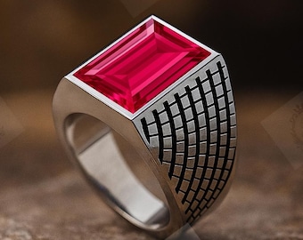 Unique Ruby Gemstone Ring For Men 925 Silver Ruby Men's Statement Ring Vintage Ruby Modern Men Ring Geometric Ring For Men Gift For Husband