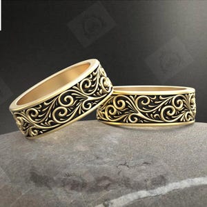 Vintage Filigree Design Band For Men Art Deco Wedding Band Nature Inspired Promise Ring for Him 14k Gold Statement Band For Men Gift For Him