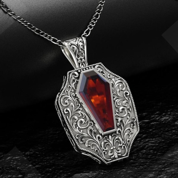 Gothic Coffin Garnet Pendant For Men 925 Sterling Silver Victorian Style Necklace Unique Filigree Style Red Gemstone Pendant Gift For Him
