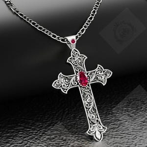 Art Deco Rubin Ädelsten Religiöst Hänge För Män 925 Sterling Silver Rubin Korshänge Vintage Filigran Design Hänge Herr Gotiskt Hänge