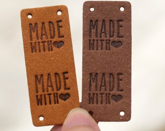 Étiquettes personnalisées en imitation daim, motif rectangle, étiquettes en cuir faites main avec amour, accessoires de couture étiquette à tricoter,