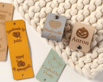 Custom Name Leather Tags,Labels for Handmade Items,Tags for Knitted Hats,Tag for DIY Leather Maker,3x1 inches Faux Leather,Gifts for Knitter