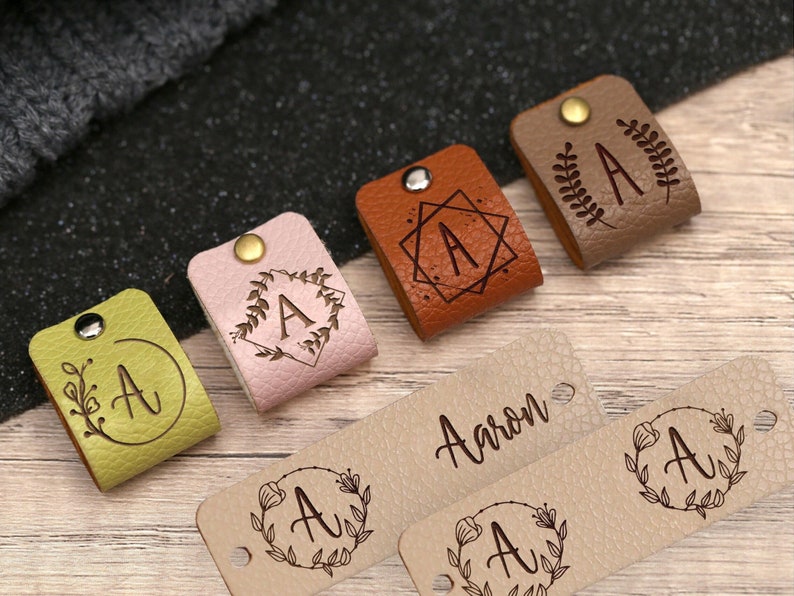 Custom Name Leather Tags, Personalzied Cloth Lables, Initials Leather Tags, Crochet labels, tags for knitted hats,tags for DIY leather maker zdjęcie 1