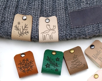 Étiquettes personnalisées en similicuir pour tricots,Étiquettes au crochet,Étiquettes en cuir pour chapeaux tricotés,Décor de Noël,Ornements et cadeaux de Noël