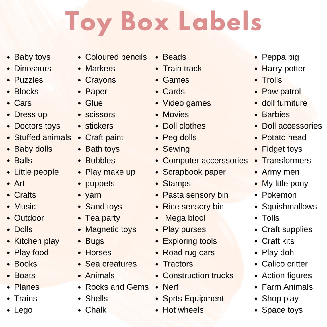 Stuff Toy Package Label Example Toy Box Labels INSTANT DOWNLOAD Preschool Playroom Homeschool Toy ...