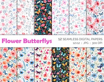 Blumen Schmetterling Musterdesign, Blumen Blätter bunt, digitales Papier, Sofort Download, druckbare Hintergrundbilder, Scrapbook, kommerzielle Nutzung