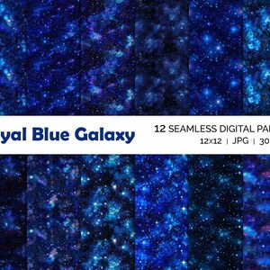 Może przedstawiać: Dwunastu bezszwowych cyfrowych papierów przedstawiających królewską niebieską galaktykę z gwiazdami i mgławicami. Papiery mają rozmiar 12x12 cali i 300 DPI.