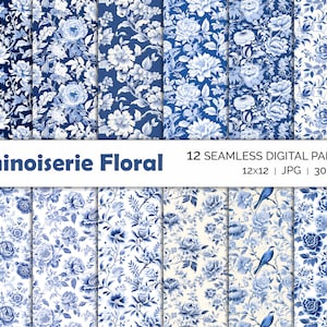 Chinoiserie Floral nahtlose Muster, französische Blume, digitales Papier, sofortiger Download, druckbare Tapeten Hintergründe, Gästebuch