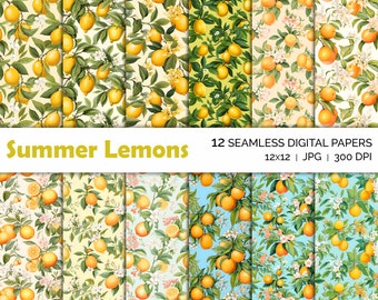 Patrones sin fisuras de limón de verano, papel digital de limones de acuarela italiana, descarga instantánea, fondos de fondo de pantalla imprimibles, álbum de recortes