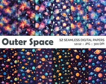 Outer Space Seamless Patterns, Planet Stars Colorful Digital Paper, Instant Download, Printable Wallpaper Backgrounds, Scrapbook
