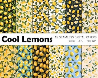 Patrones sin costuras de limones de verano, papel digital de limones frescos italianos, descarga instantánea, fondos de pantalla imprimibles, álbum de recortes