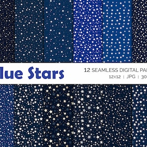 Navy Blue Stars Seamless Patterns, Simple White Stars Digital Paper, Instant Download, Printable Wallpaper, Scrapbook, Commercial Use