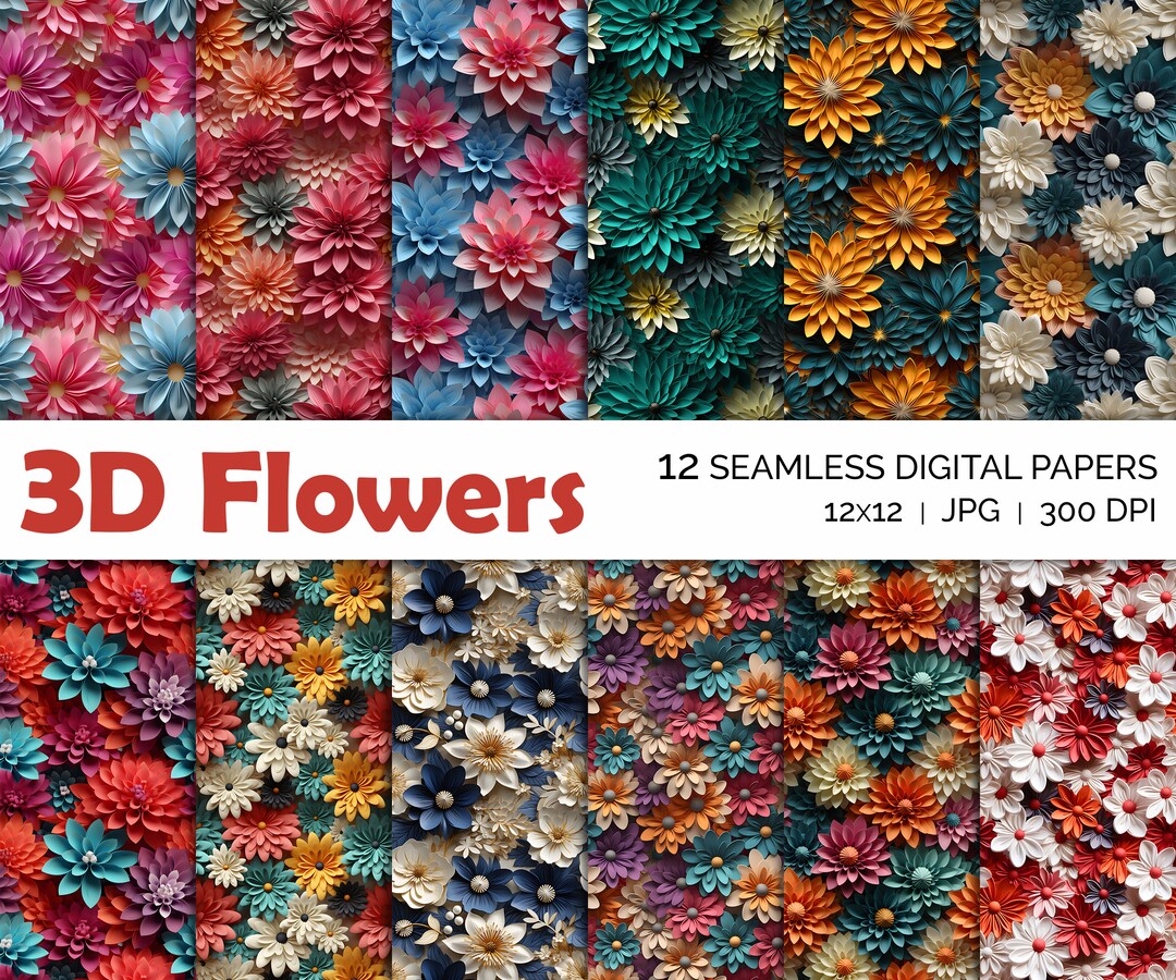 3D Flower Medley Seamless Patterns, Floral Sublimation 3D Digital Paper ...