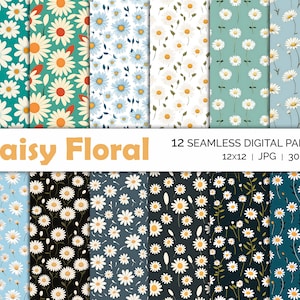 Daisy Floral Seamless Patterns, Flower Spring Digital Paper, Instant Download, Printable Wallpaper Backgrounds, Scrapbook, Commercial Use