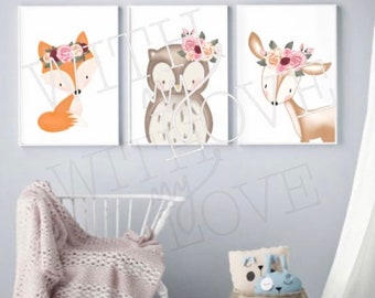 Set boskwekerijafdrukken | Speelkamer kunst aan de muur | Set van 3 kinderkamerafdrukken | Boswezens | Kamer met dierenthema
