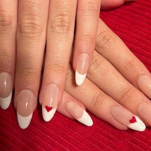 Classic French Tip Red Heart Detail Nails | Press On Nails | Press Ons | Custom Fit | Handmade | Read Description