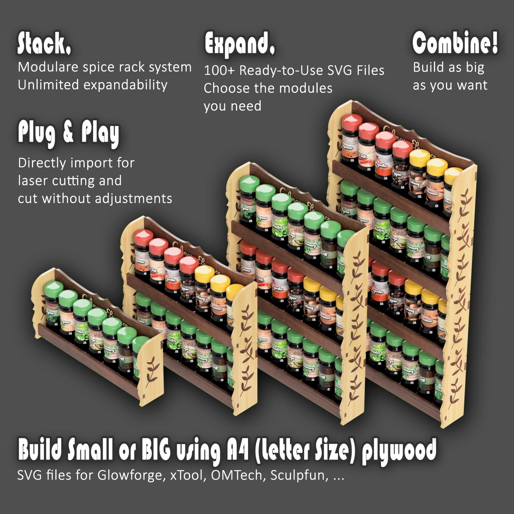 DIY Spice Rack (SVG, DXF, Eps, Pdf) Expandable Kitchen Storage, Laser ...