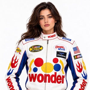 May include: A white racing jacket with blue side panels, featuring red, yellow, and blue circular graphics and the word wonder in red. It includes various sponsor patches, NASCAR branding, an American flag, and the name Ricky Bobby on the waist.