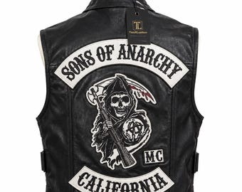 Handmade Leather Sons of Anarchy President Vest, Black Biker MC California