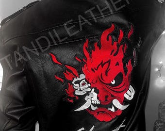 Chaqueta de cuero negra con capucha estilo samurái de Cyberpunk 2077 hecha a mano / Disfraz de Halloween