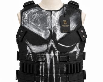 Handmade Punisher Style Leather Tactical Vest | Jon Bernthal Skull Design Combat Leather Armor Cosplay | Halloween Costume
