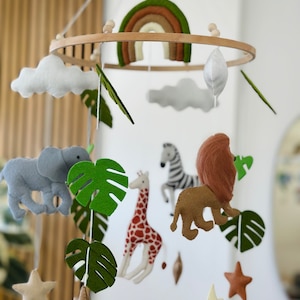 Baby Mobile Crib Safari Animals Jungle Nursery Neutral Decor Felt Giraffe Zebra Elephant Lion Monstera Rainbow Stars by Petite Bee