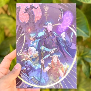May include: A print featuring a group of fantasy characters with a dragon in the background. The characters are in various poses, with one holding a staff and another with a glowing purple hand. The color palette includes shades of purple, blue, and gold.