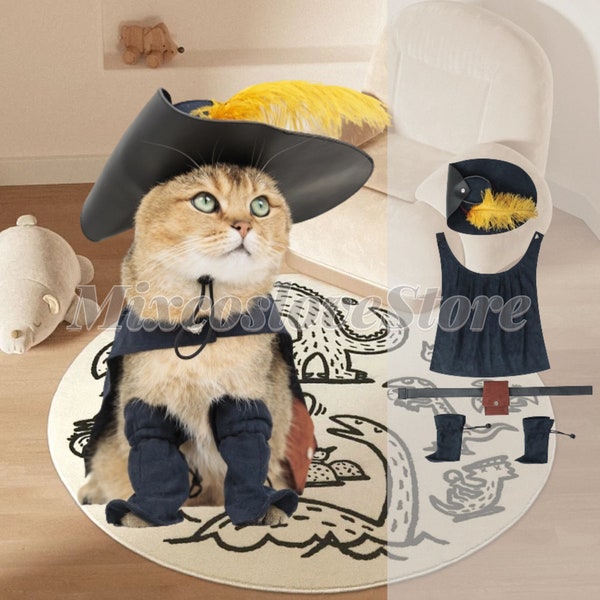 Halloween Puss in Boots Pet Cat Cosplay Costume with Hat Cape Set, Dog & Cat Handmade Pet Cloth, Pet Love Birthday Gifts
